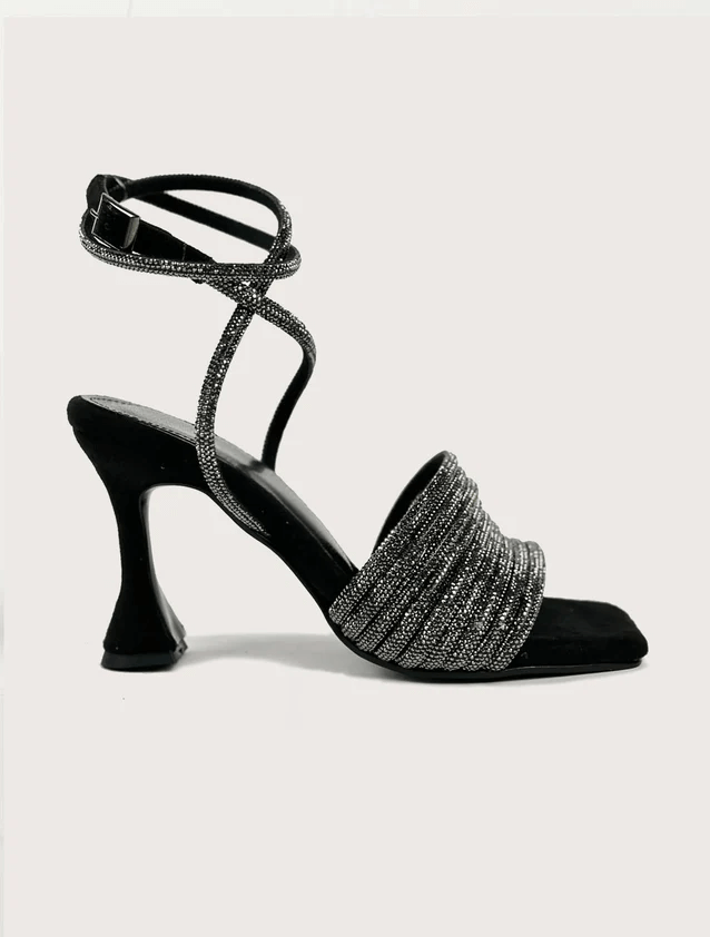 Black Matte Heels Sandal Rhinestone