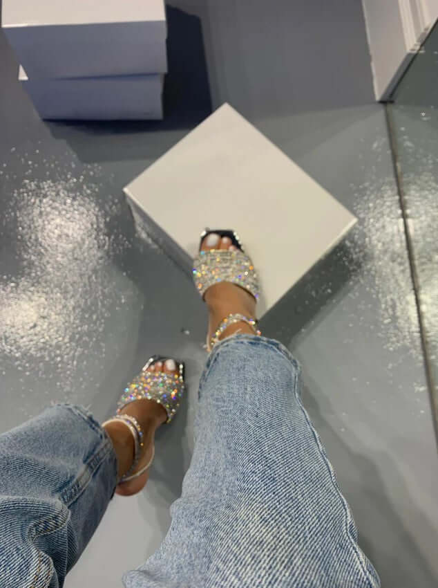 Womens Silver Rhinestone Heel Sandals 