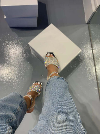 Womens Silver Rhinestone Heel Sandals 